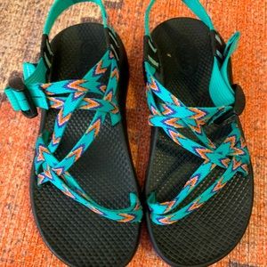 Chacos teal and pink geometric hiking outdoor sandals
